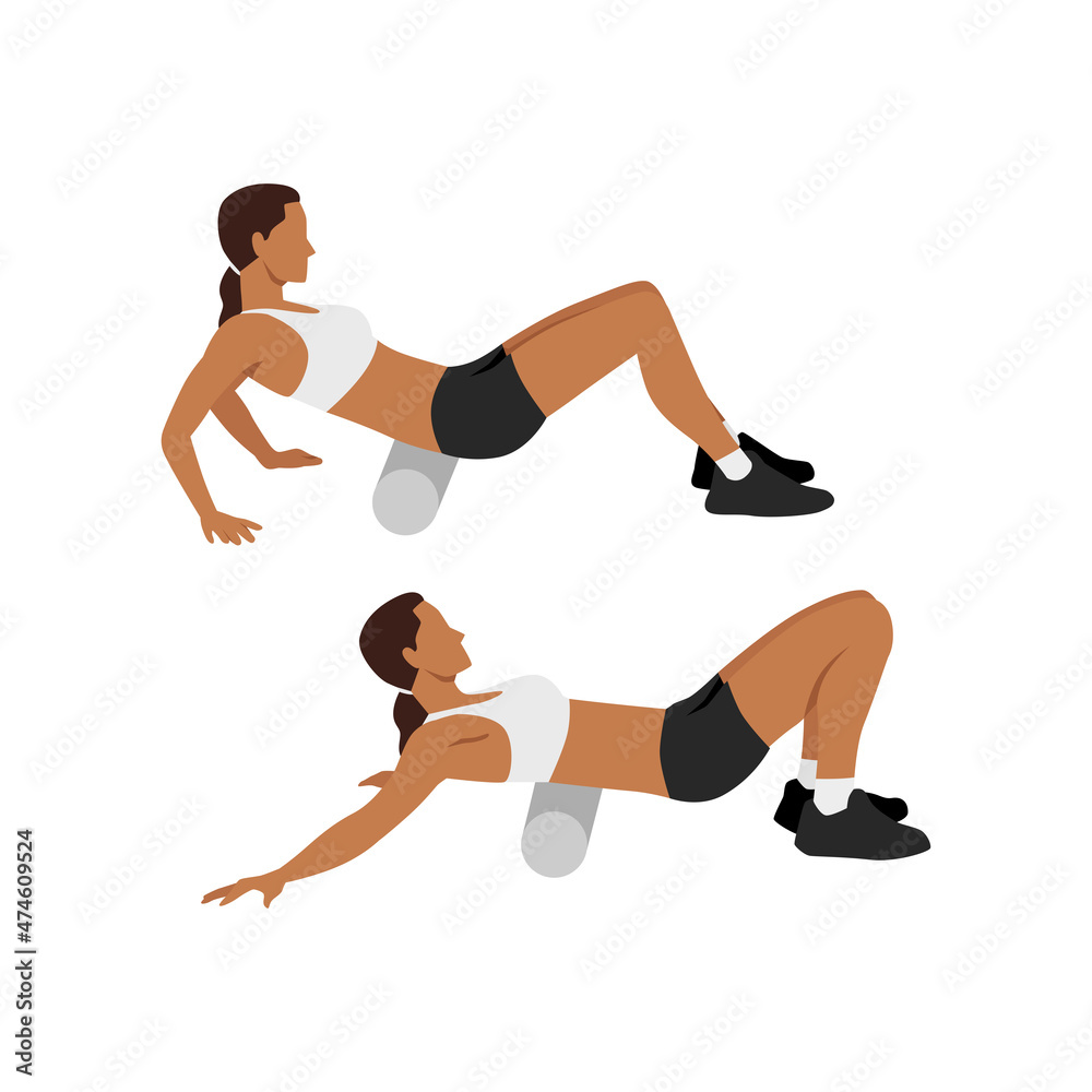 Woman doing Foam roller lower back stretch exercise. Flat vector illustration isolated on white background Woman doing Foam roller lower back stretch exercise. Flat vector illustration isolated on white background