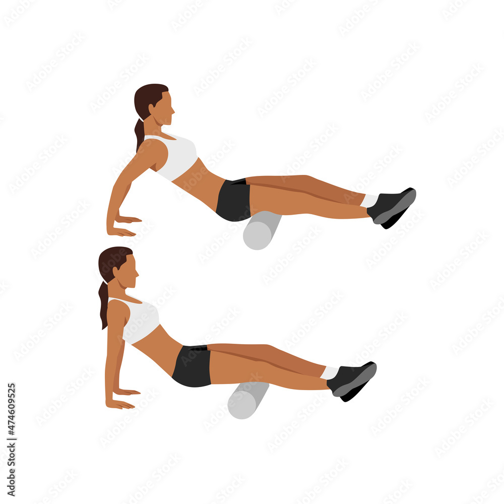 Woman doing Foam roller hamstring stretch exercise. Flat vector illustration isolated on white background Woman doing Foam roller hamstring stretch exercise. Flat vector illustration isolated on white background