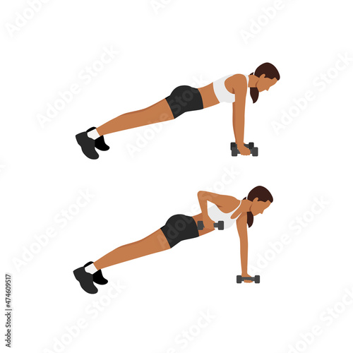 Woman doing Plank and Row or Renegade row exercise. Flat vector illustration isolated on white background