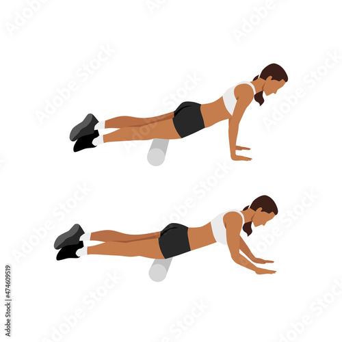 Woman doing Foam roller quadriceps stretch exercise. Flat vector illustration isolated on white background