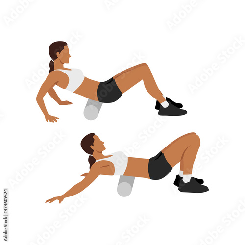 Woman doing Foam roller lower back stretch exercise. Flat vector illustration isolated on white background