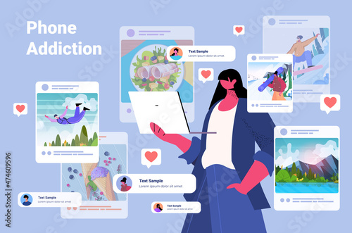 woman blogger sharing photos at social networks girl making posts for followers social media addiction concept