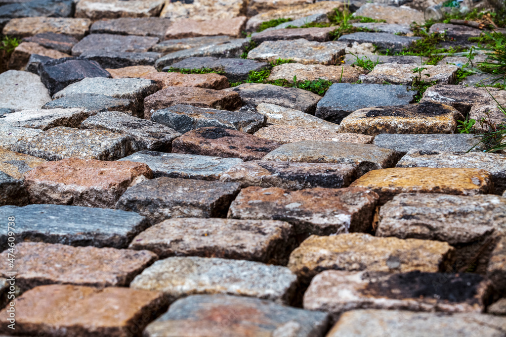 Cobblestone street texture. Regular shapes of cobblestone road, abstract background of old cobblestone pavement close-up. Cobblestone street texture. Regular shapes of cobblestone road, abstract background of old cobblestone pavement close-up.