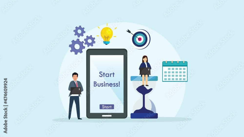 Two business people with start business text Two business people with start business text