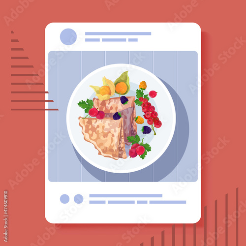 appetizing photo of crepes tasty thin pancakes on smartphone screen food blogging social media blog post food hunter review concept vector illustration