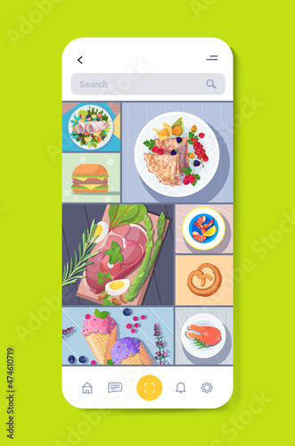 appetizing photo of different food on smartphone screen food blogging social media blog post food hunter review concept