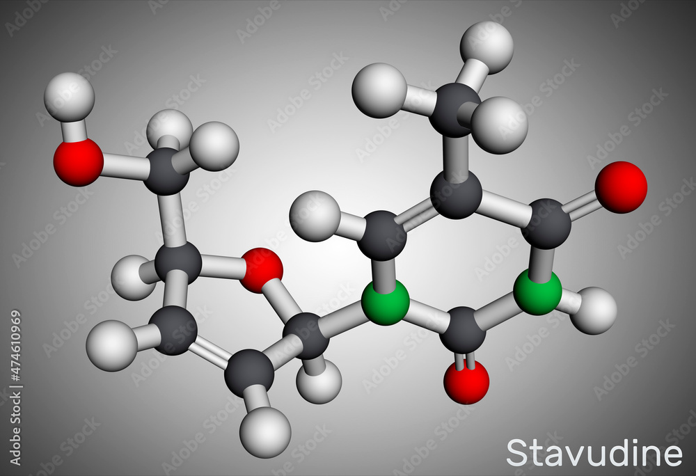 Obraz premium Stavudine, d4T molecule. It is dideoxynucleoside used in the treatment of HIV infection and acquired immunodeficiency syndrome AIDS. Molecular model. 3D rendering