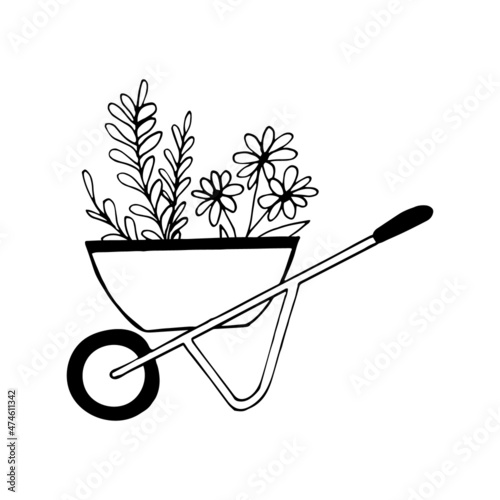 garden wheelbarrow with flowers hand drawn doodle. vector, minimalism, scandinavian, monochrome, nordic. gardening, inventory. sticker, icon.