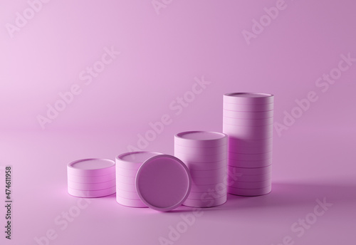 Pile of pink coins placed on a pink background, 3d rendering