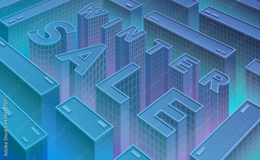 Winter sale in the city. Vector illustration of an urban landscape of skyscrapers shaped like letters winter sale in cold colors. Winter sale in the city. Vector illustration of an urban landscape of skyscrapers shaped like letters winter sale in cold colors.