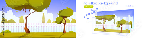 Parallax background house backyard with green trees, bushes, grass lawn and white wooden fence. Summer cottage garden landscape, patio with separated layers for 2d game animation, Vector illustration