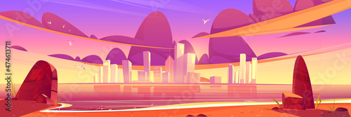 City skyline sunset or sunrise beautiful landscape at sea waterfront, modern megapolis with skyscraper buildings reflecting in water surface under cloudy purple or pink sky Cartoon vector illustration