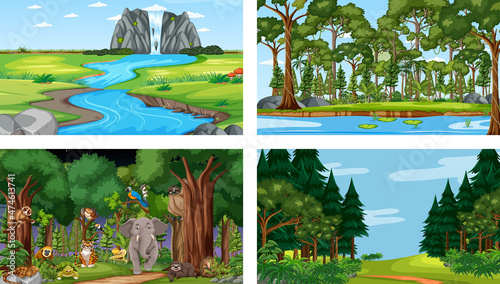 Set of different forest horizontal scene with various wild animals
