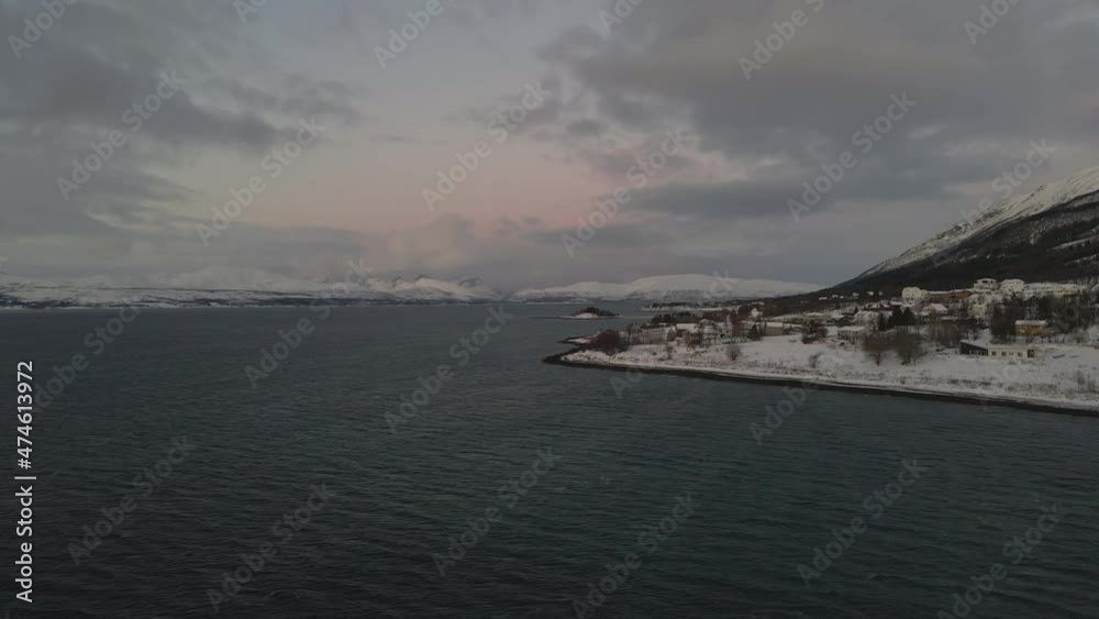 Beautiful Coastal View Of Norway During Sunset During Polar Night - aerial shot Beautiful Coastal View Of Norway During Sunset During Polar Night - aerial shot