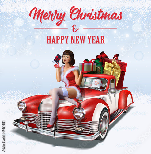Christmas pin-up girl with gift box in hands while sitting on retro car.Merry Christmas and Happy New Year postcard.