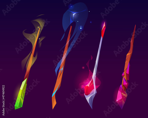 Magic wands, wooden and metal sticks with crystals for magical tricks and spell. Vector cartoon set of wizard rods with shiny gems for create miracles and enchantment isolated on background