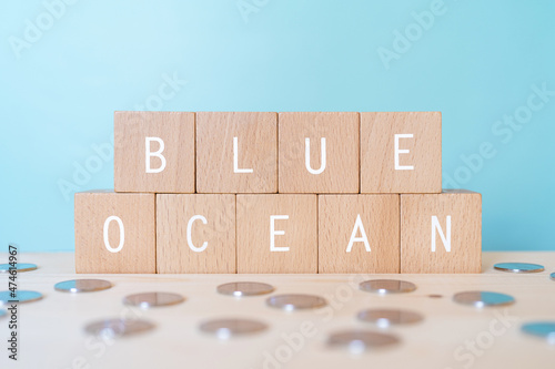 「BLUE OCEAN」と書かれた積み木とコイン