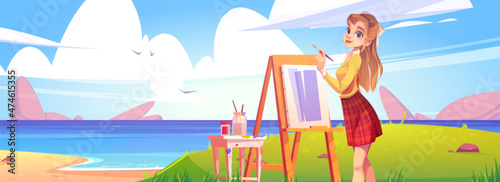 Girl painter with brush and easel on sea beach on plein air. Vector cartoon illustration of summer landscape of ocean shore with sand and grass and woman artist painting on canvas