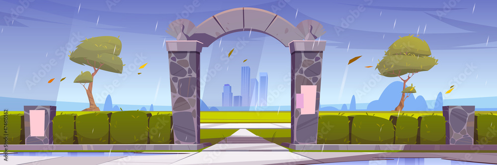Stone gates, entrance to city garden or park at rainy weather. Urban skyline with rocky fence, green trees and bushes on Cityscape background with skyscrapers architecture, Cartoon vector illustration