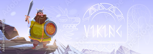 Viking, scandinavian warrior, cartoon character. Funny fat man barbarian soldier with beard wearing cape, horned helmet, sword and round shield stand on northern rocky landscape, vector illustration