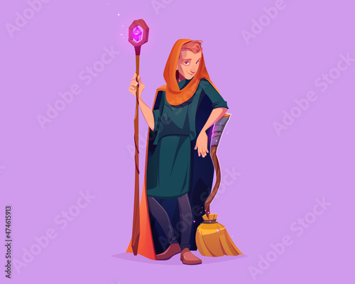 Man wizard with magic staff and broom. Vector cartoon illustration of sorcerer character, warlock in medieval cloak with hood, mage with wooden stick with crystal and broomstick
