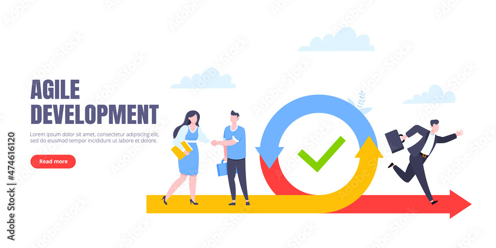 Agile development methodology business concept flat style design vector illustration isolated on white background. Agile life cycle for software development diagram. Business person run into project. Agile development methodology business concept flat style design vector illustration isolated on white background. Agile life cycle for software development diagram. Business person run into project.