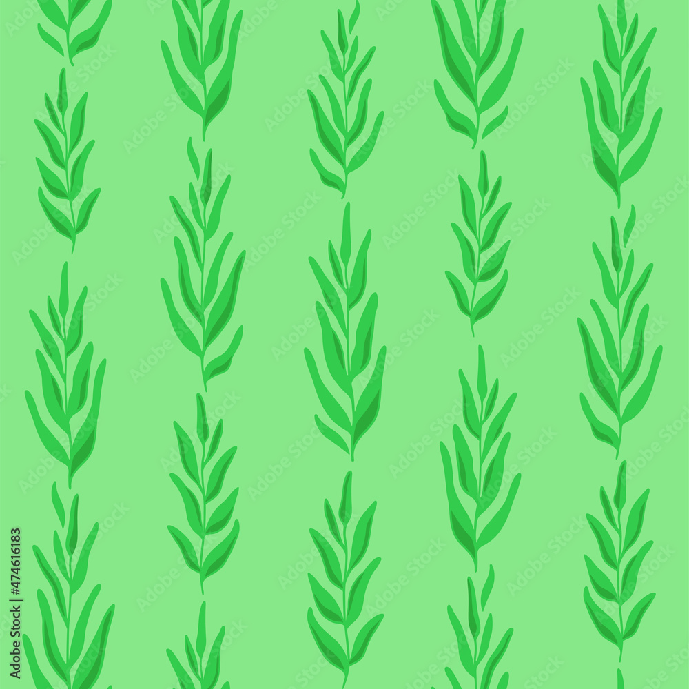 Green Seamless Pattern with herbs. Trendy green colors. Hand drawn print twigs with leaves. Floral ornament of vertical lines of leaves. Decorative background for textile, fabric, wallpaper. Vector. Green Seamless Pattern with herbs. Trendy green colors. Hand drawn print twigs with leaves. Floral ornament of vertical lines of leaves. Decorative background for textile, fabric, wallpaper. Vector.