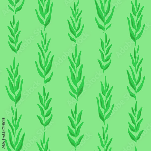 Green Seamless Pattern with herbs. Trendy green colors. Hand drawn print twigs with leaves. Floral ornament of vertical lines of leaves. Decorative background for textile, fabric, wallpaper. Vector.