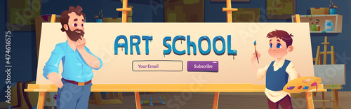 Art school cartoon web banner, education for kids. Teacher and child stand front of easel in class, painting courses for children. Student boy in artist studio drawing lesson, Vector illustration