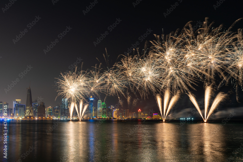 Beautiful fireworks in the Doha Corniche, Qatar.