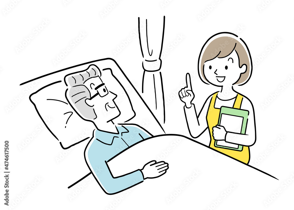 ベクターイラスト素材 ベッド横になるシニア男性と説明する介護士の女性 Stock Vector Adobe Stock