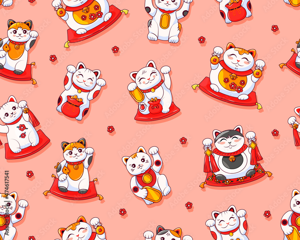 Cute Maneki Neko Japanese cat seamless pattern. Symbol of luck and wealth. Suitable for printing on paper and fabric. Vector cartoon background