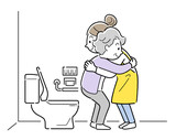 シニア女性の排泄介助を手伝う女性、トイレ
