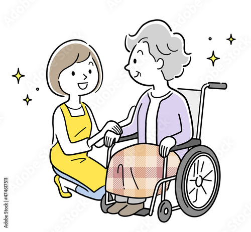 ベクターイラスト素材：車椅子に乗るシニア女性と寄り添う若い女性スタッフ、介護
