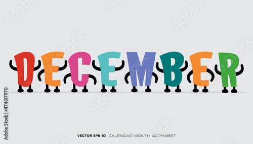 An alphabet that says December with colorful designs and characters.