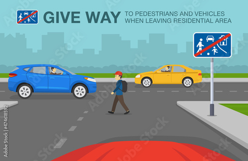 End of residential area and living street road or traffic sign meaning. Red car is leaving home zone. Pedestrian crossing the road. Flat vector illustration template.