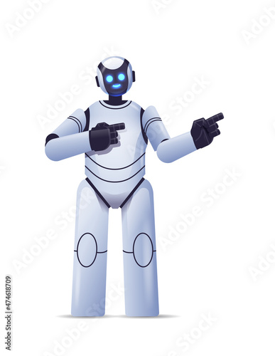cute robot cyborg pointing at something modern robotic character artificial intelligence technology concept