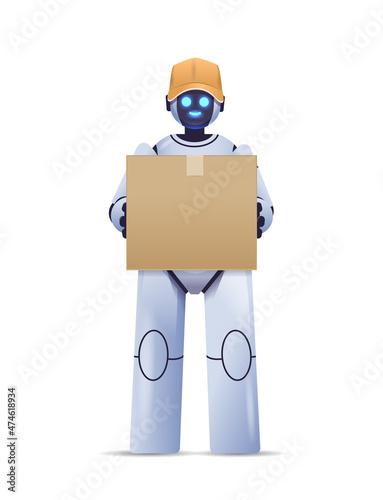 modern robot courier robotic deliver holding cardboard box delivery service artificial intelligence concept
