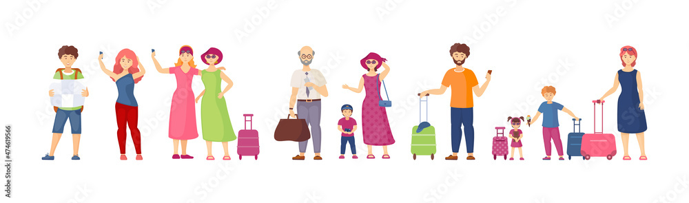 Travel group old and young couple with luggage traveling in summer vacation