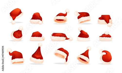 Realistic traditional Santa Claus red hats big set