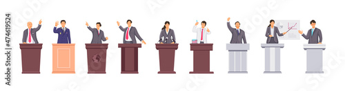 Business person on tribunes set. Public orator speaking making presentation speech with microphone