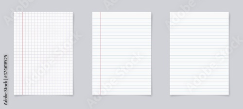 Set of realistic blank sheets of square and lined paper