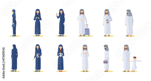 Arabic man woman set. Saudi people in traditional hijab daily life business, talking smartphone