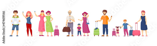 Travel group old and young couple with luggage traveling in summer vacation