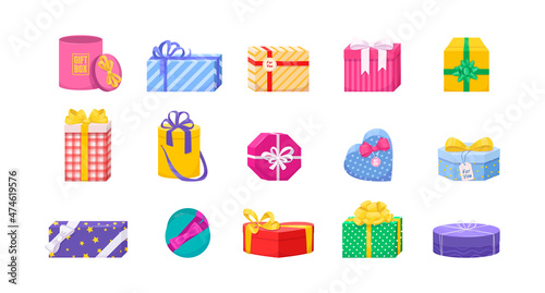 Bright gift box isometric set. Festive cardboard for present storage decorated by ribbon bow