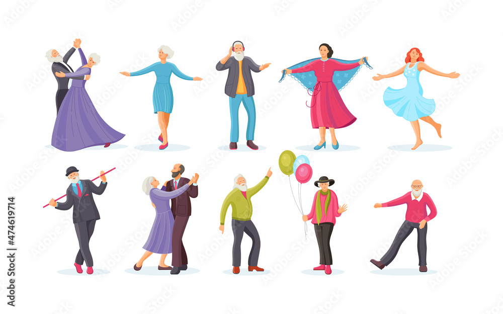 Old dancing people, elderly man and woman senior aged persons dance.