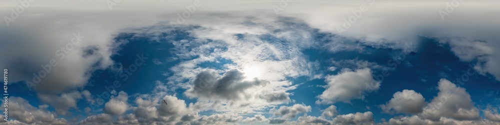 Blue sky panorama with Cirrus clouds in Seamless spherical equirectangular format. Full zenith for use in 3D graphics, game and editing aerial drone 360 degree panoramas for sky replacement. Blue sky panorama with Cirrus clouds in Seamless spherical equirectangular format. Full zenith for use in 3D graphics, game and editing aerial drone 360 degree panoramas for sky replacement.