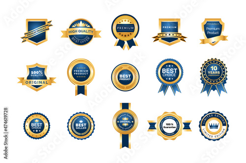 Realistic best product quality golden emblem set. Award badges and labels premium choice guarantee photo