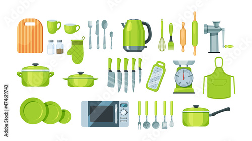 House cookware utensils for cooking, metallic and ceramic kitchen crockery.