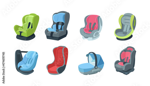 Baby child car seats for various age groups 0,1,2,3 child and infant, newborn baby. Armchairs for safe movement in vehicles, car type of child restraint, seat cartoon vector